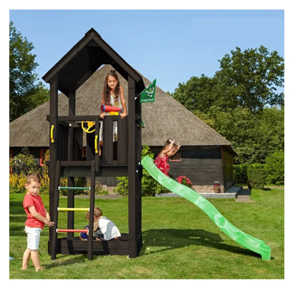 Jungle Gym Club legetårn komplet inkl. rutsjebane, grundmalet sort