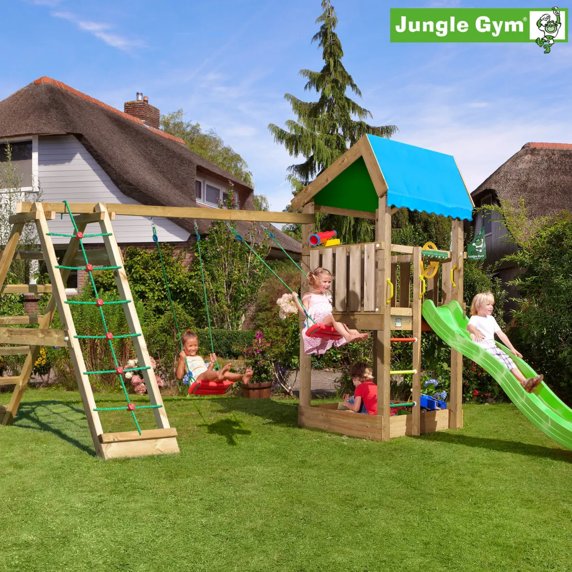 Jungle Gym Home legetårn komplet inkl. climb module xtra og rutschebane