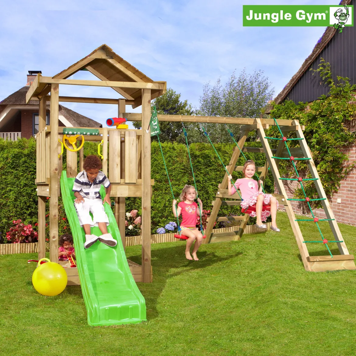 Jungle Gym House legetårn komplet inkl. climb module xtra og rutschebane