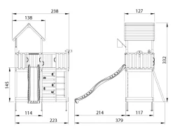 Legetårn Jungle Gym Mansion 2.1 m/blå rutsjebane og 120 kg sand