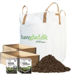Pakke til 2 højbede med 4 natur pallerammer, 2 vækstdug, 2 ukrudtsdug og 1 bigbag med 1000 liters højbedsmuld
